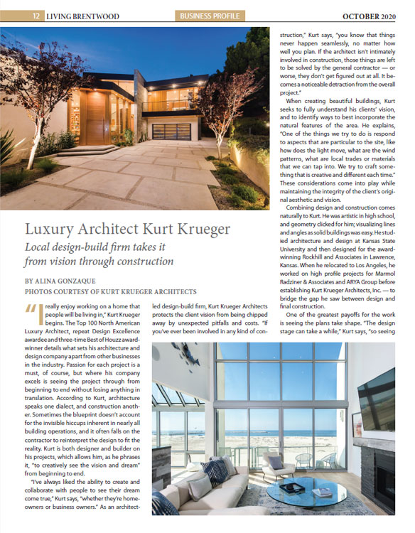 Business Profile, Kurt Krueger Architects. Living Brentwood, October 2020