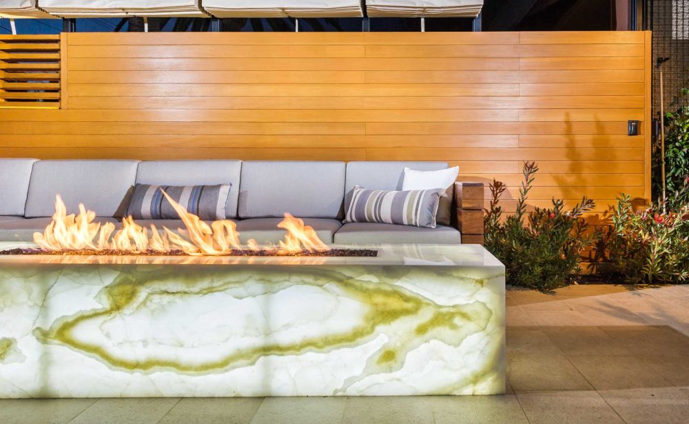 Onyx clad firepit in Brentwood featured on Houzz