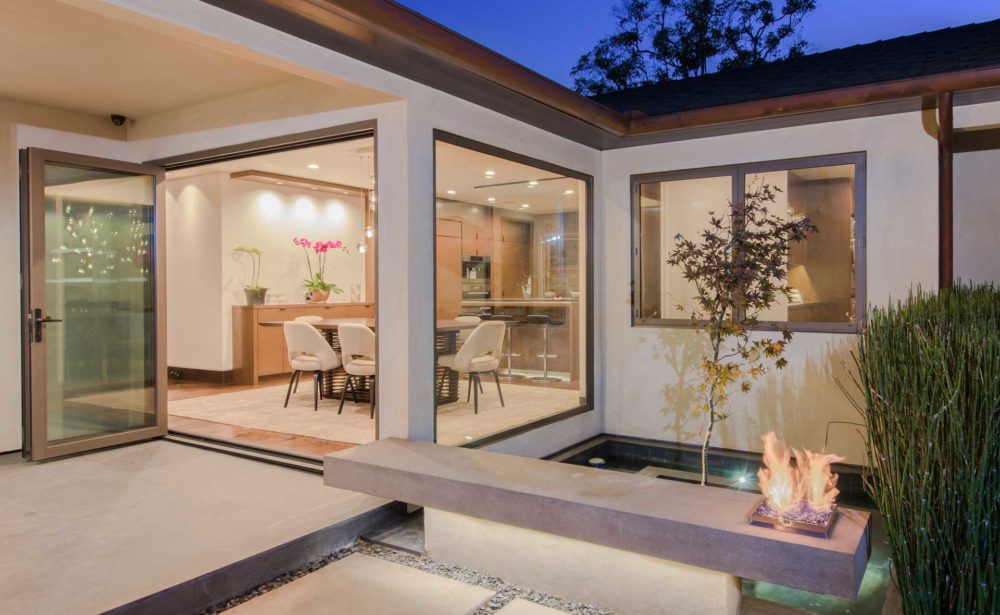 Fire, Water, Tree feature in modern-style home on Sunset Blvd