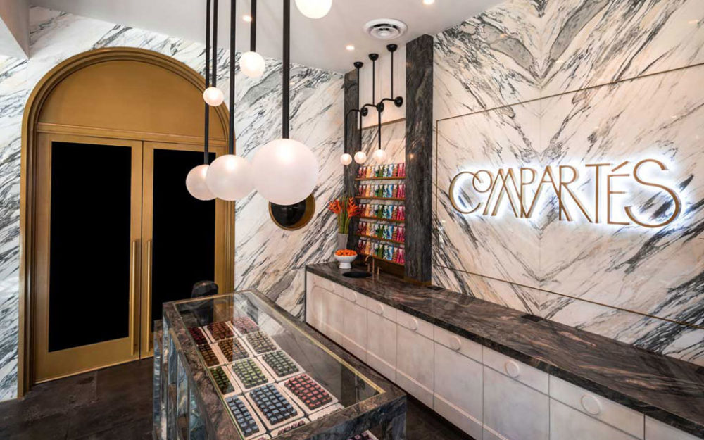 Compartés Factory Shop in Hollywood with art deco interior and custom built and designed confection displays.