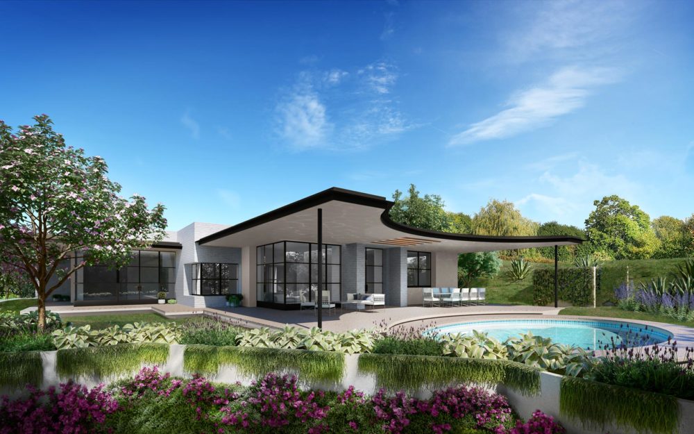 Trousdall Estates architect designed new construction home. Outdoor living, rear yard rendering with pool.