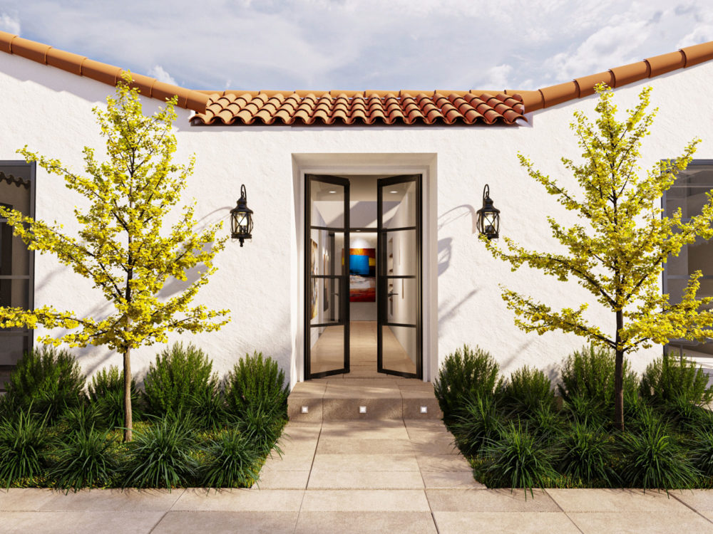 Front door rendering of historic 1927 all steel constructed home under renovation by Krueger Architects in Pacific Palisades