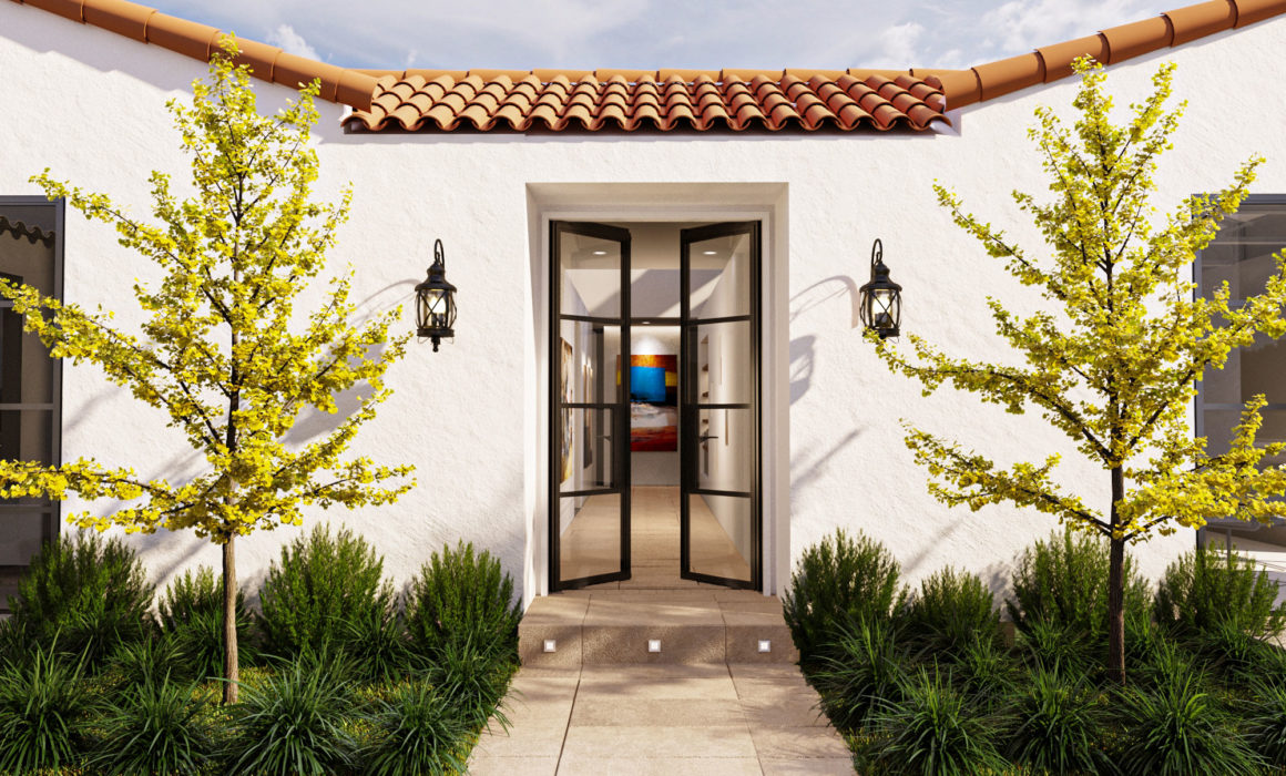 Front door rendering of historic 1927 all steel constructed home under renovation by Krueger Architects in Pacific Palisades