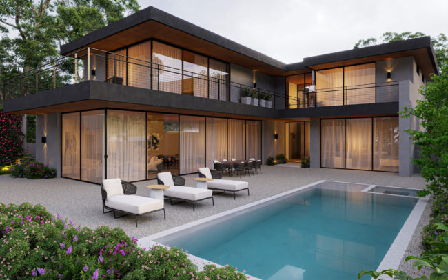 Rendering of odern and private, new construction home designed by Krueger Architects in Beverly Hills, CA