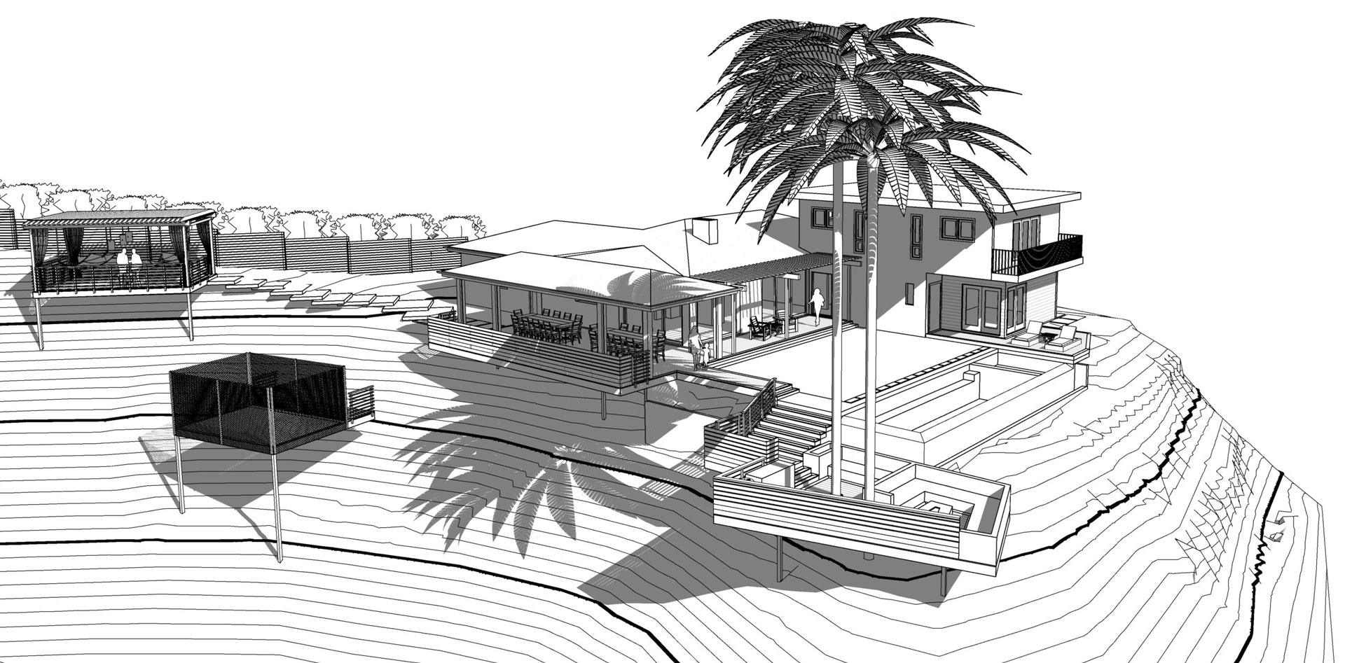3D Rendering Topographical mapping of hillside backyard makeover adding pool, dining, and lounge 3D Rendering Topographical mapping of hillside backyard makeover adding pool, dining, and lounge