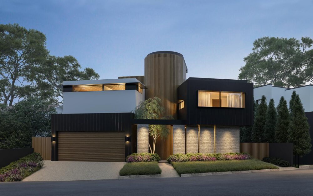 Rendering of California Modern new home design by Krueger Architects in Pacific Palisades, CA