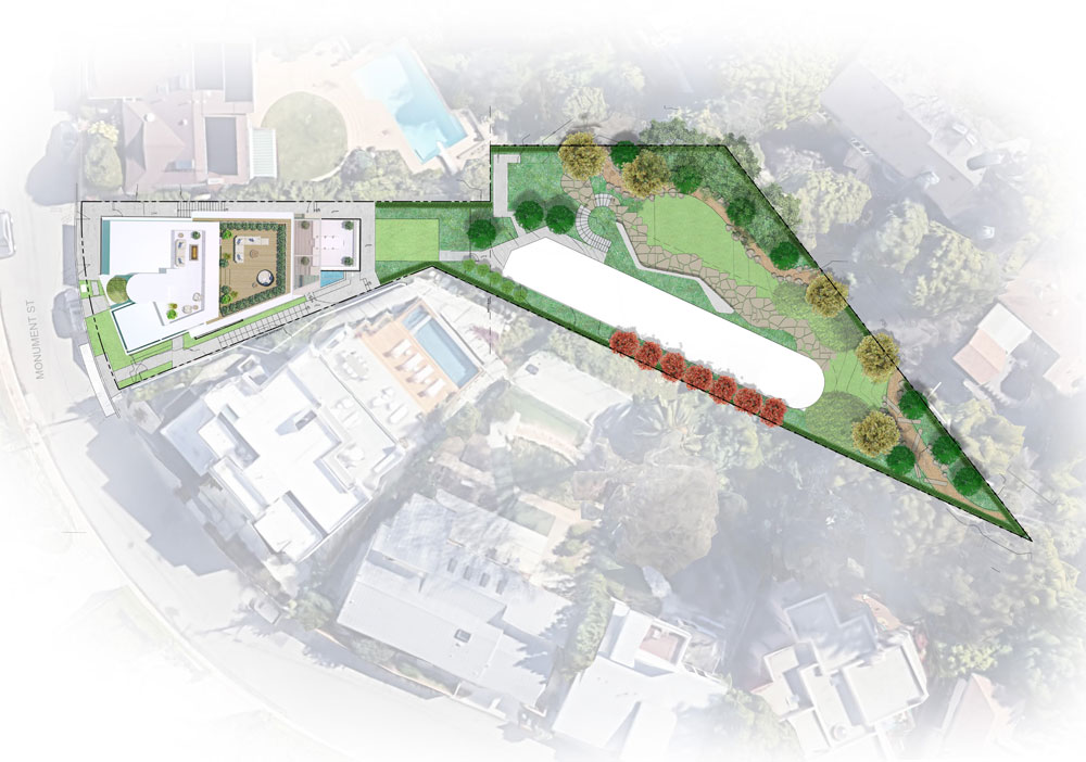 Landscape plan for multi-tier estate compound on hillside lot in Pacific Palisades