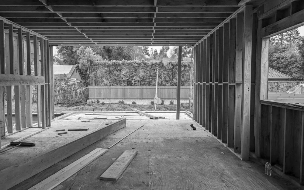 View from the downstairs at San Vicente Under Construction. Ultra Modern, 3-story, luxury home in Brentwood, Los Angeles