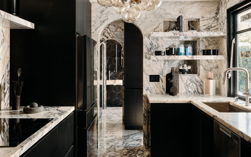 Kitchen renovation in Lake Balboa. Modernizing kitchen layout in California ranch/bungalow with deco-inspired black and white kitchen.